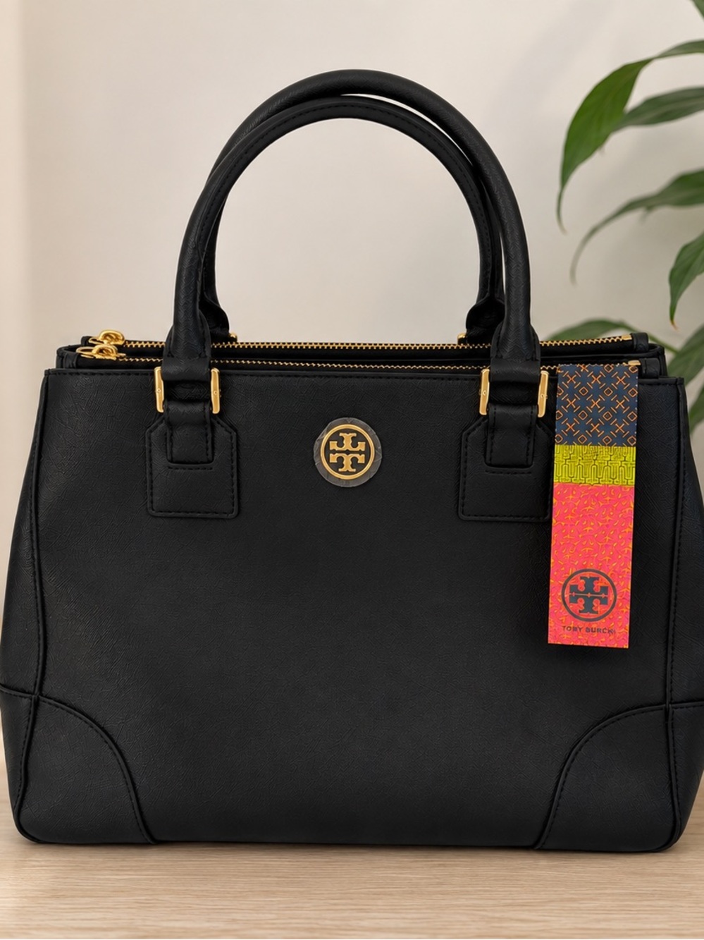 Tory Burch Black Saffriano Leather Top-Handle Satchel with Gold Hardware